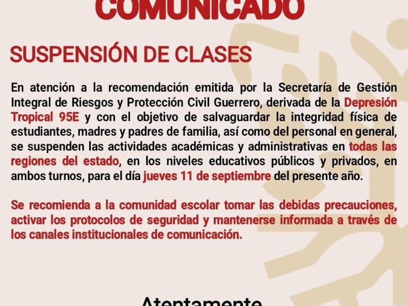 Suspenden clases en Guerrero por Depresión Tropical 95E