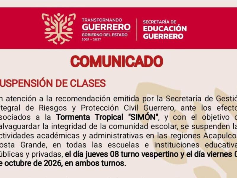 Suspenden clases en Guerrero por tormenta tropical Simón