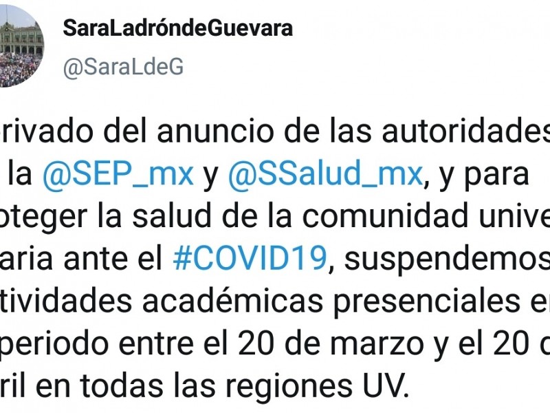 Suspenden clases en la UV por COVID-19