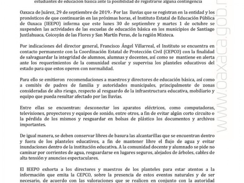 Suspenden clases en municipios de la Mixteca