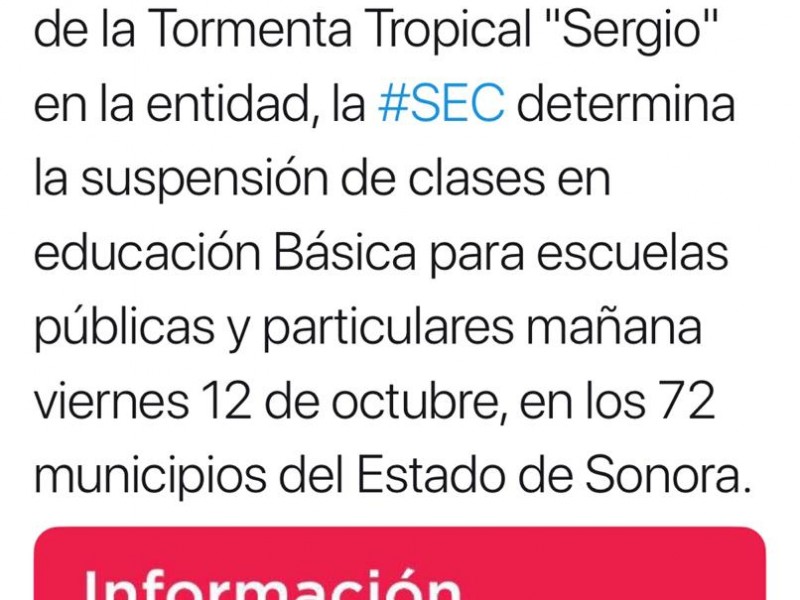 Suspenden clases en Sonora por Sergio