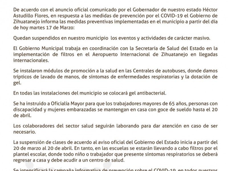Suspenden eventos masivos y revisan vuelos internacionales en Zihuatanejo