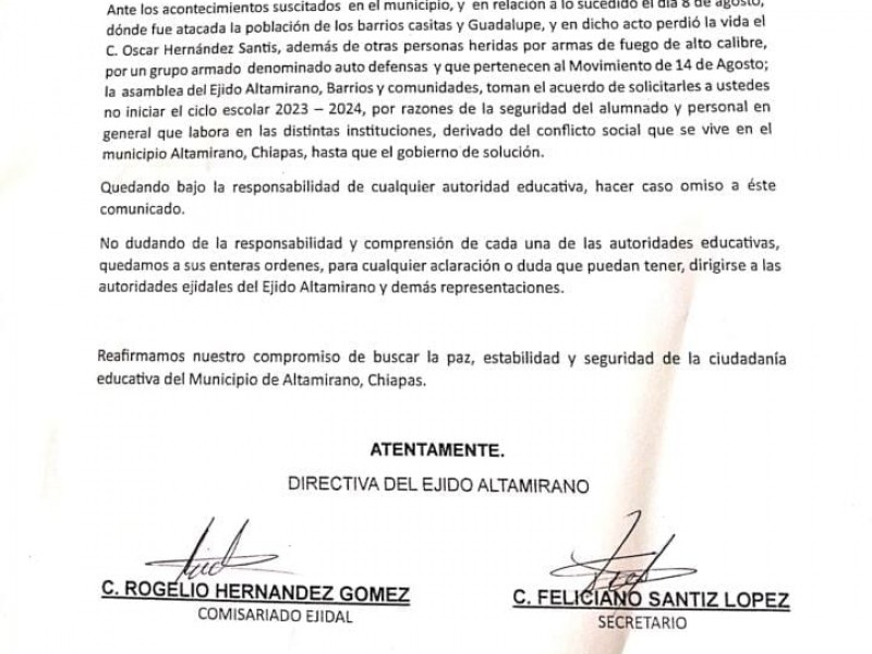 Suspenden inicio del ciclo escolar en Altamirano tras violencia