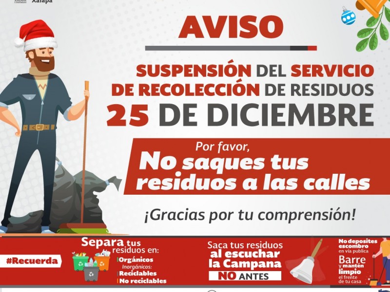 Suspenden recolección de basura en Xalapa el 25 de diciembre