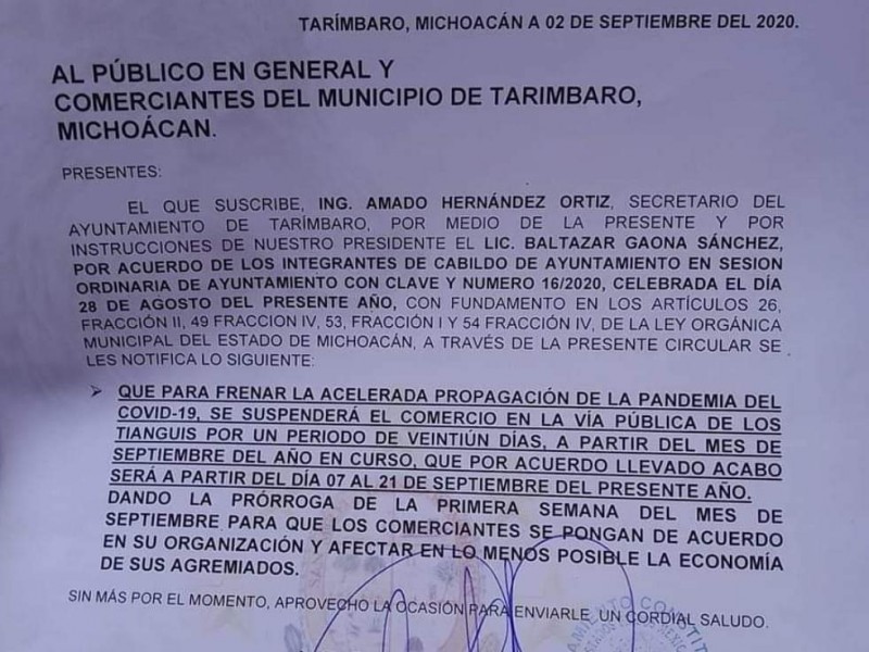Suspenden tianguis en Tarímbaro para contener los contagios por covid-19