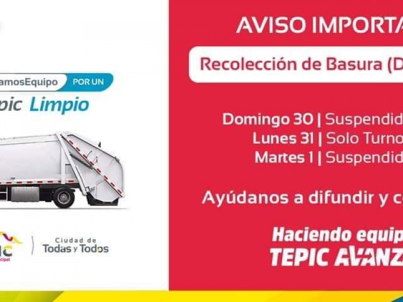 Suspenderán recolección de basura este 1 de enero