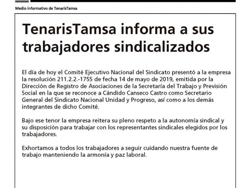 Tamsa reconoce nuevo líder sindical de trabajadores