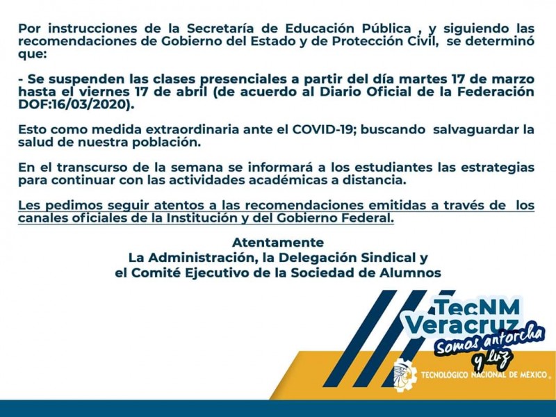 Tecnológico de Veracruz se une a la suspensión de clases
