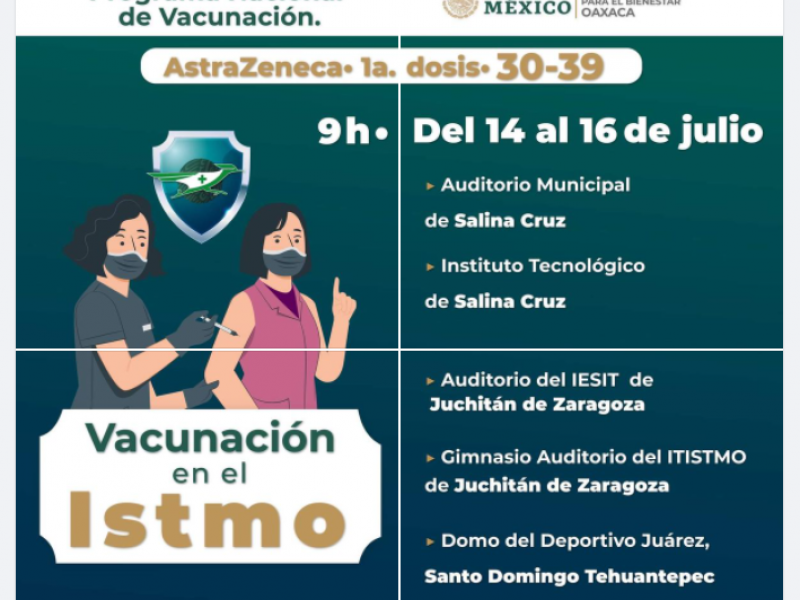 Tehuantepec, Juchitán y Salina Cruz, iniciarán vacunación de 30-39 años
