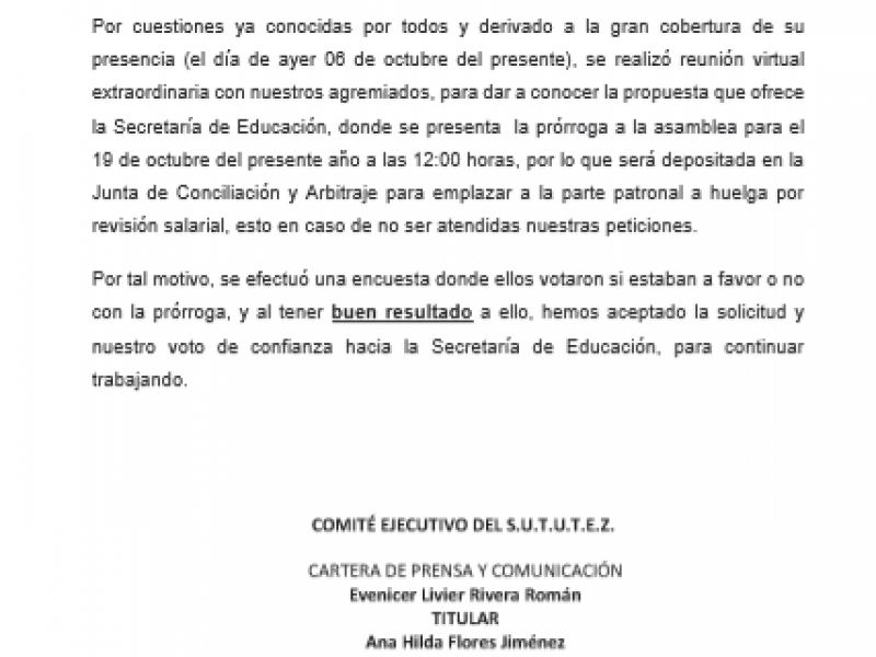 Trabajadores de la UTZAC suspenden huelga, apalzándola para octubre 19