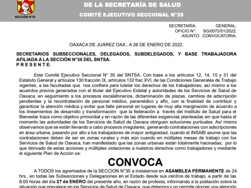 Trabajadores de salud se instalarán en Asamblea Permanente