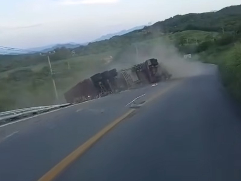 Tráiler se vuelca en curva de Palos Blancos