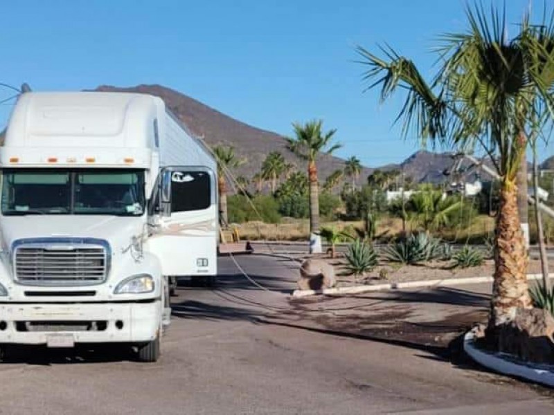 Trailer tumba postes de luz en Lomas de Cortés