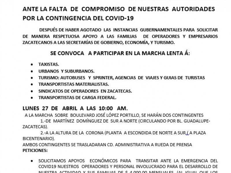 Transportistas Unidos del Estado convocan a marcha el próximo lunes