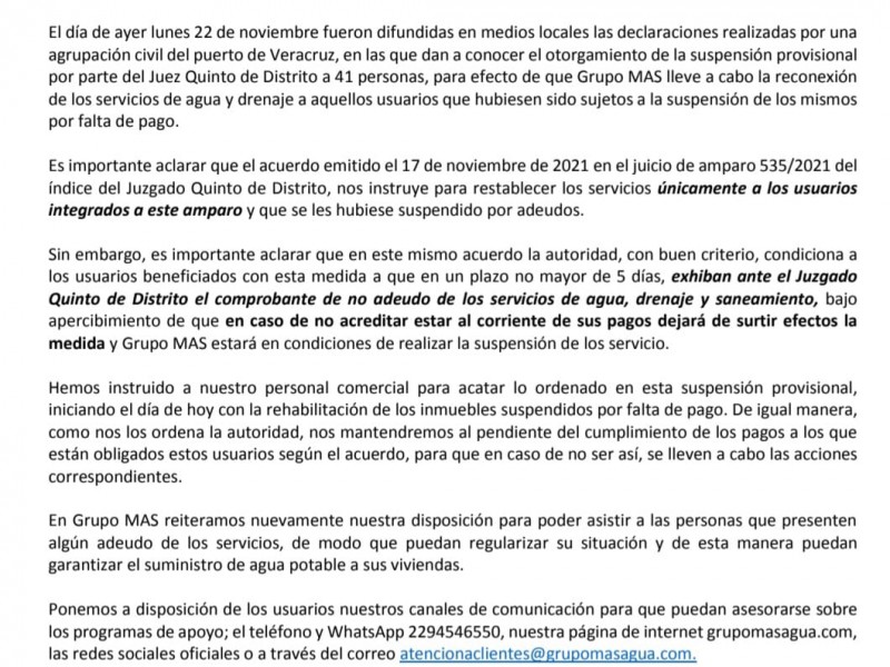 Tras amparos Grupo MAS realizará reconexión de servicios