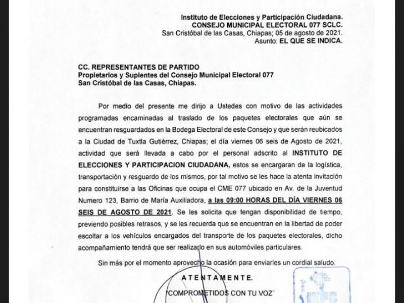 Trasladan paquetería electoral resguardada en San Cristóbal