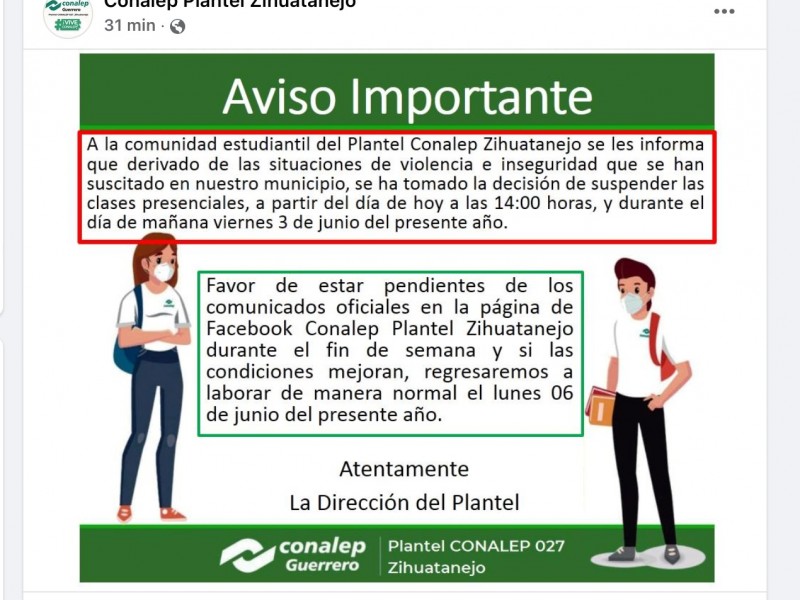 Tres escuelas del nivel medio superior suspenden clases en Zihuatanejo