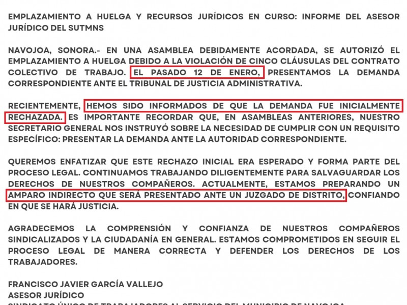 Tribunal rechaza solicitud de huelga a sindicalizados