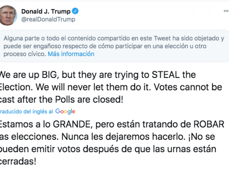 Trump acusa robo de elecciones, Twitter lo cataloga como engañoso