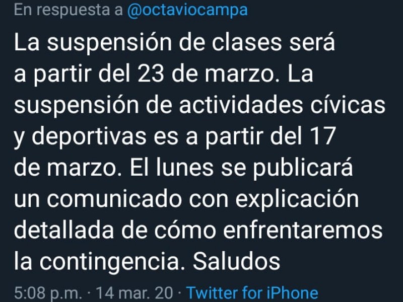 UAN se suma a la suspensión de clases por COVID-19