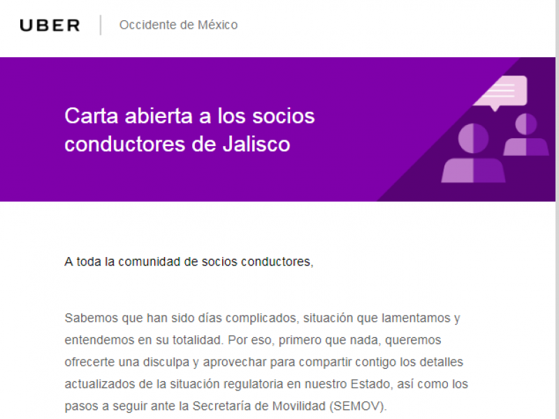 Uber ofrece apoyar a socios