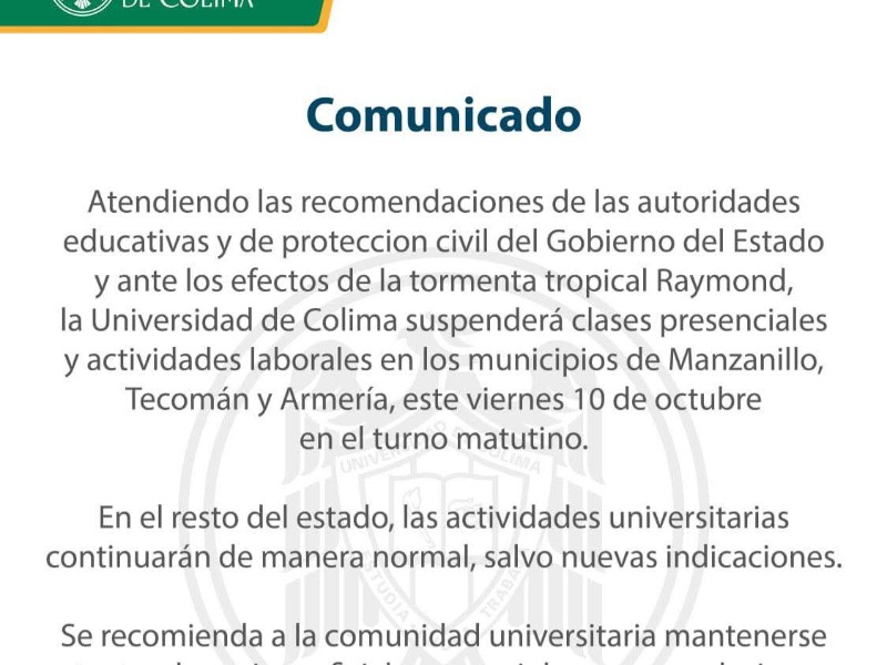 UdeC suspende clases en Manzanillo, Tecomán y Armería