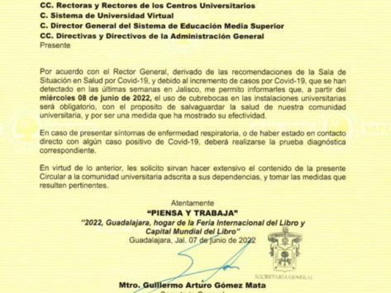 UdeG regresa al uso obligatorio de cubrebocas