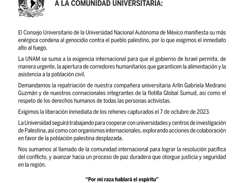 UNAM condena genocidio en Palestina y exige a Israel liberar mexicanos