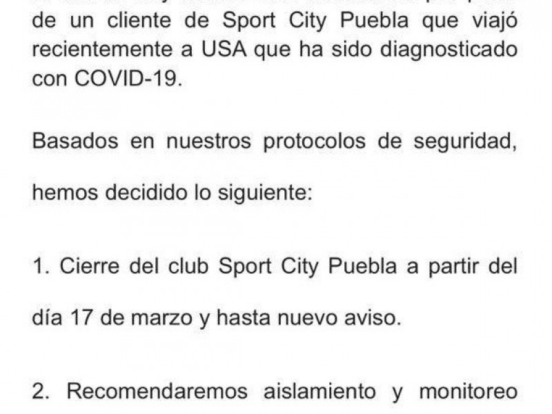 Usuario de Sport City Puebla da positivo en COVID-19