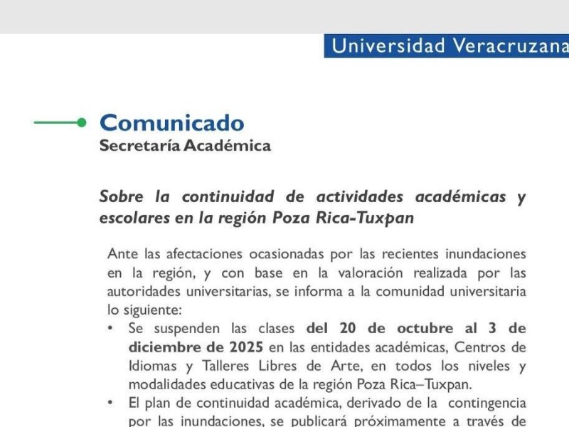 UV suspende clases hasta diciembre en Poza Rica-Tuxpan