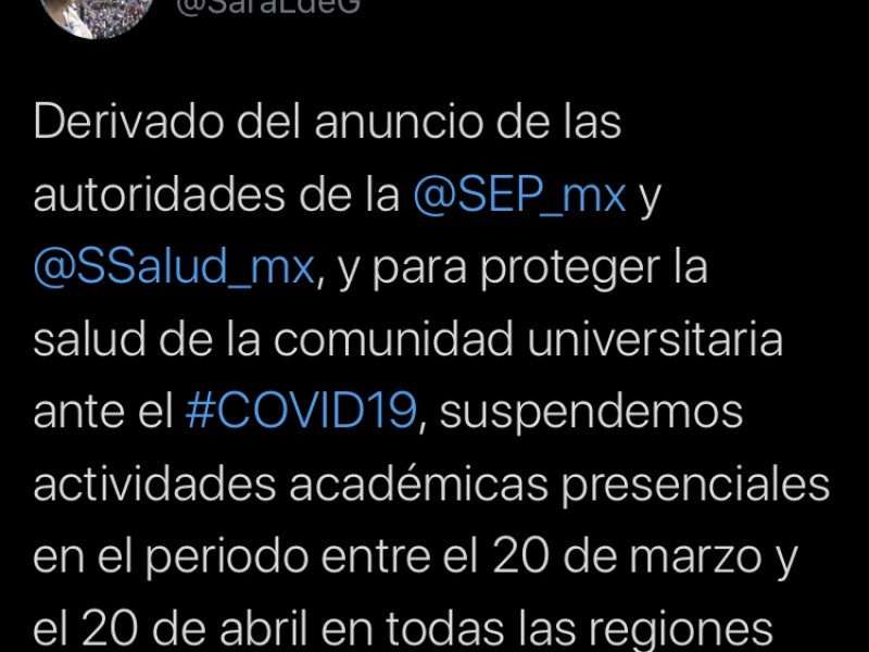 UV se suma a suspensión de clases por coronavirus