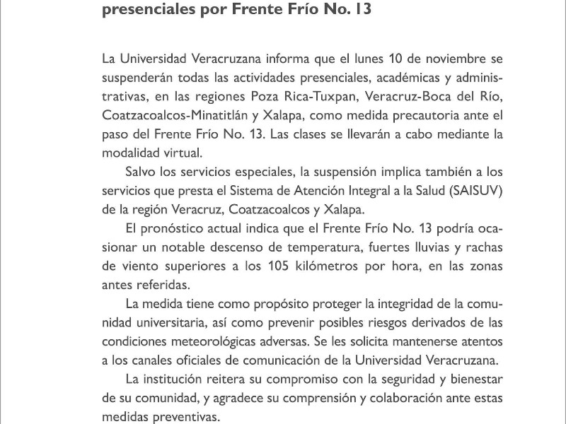 UV suspende actividades por Frente Frío 13