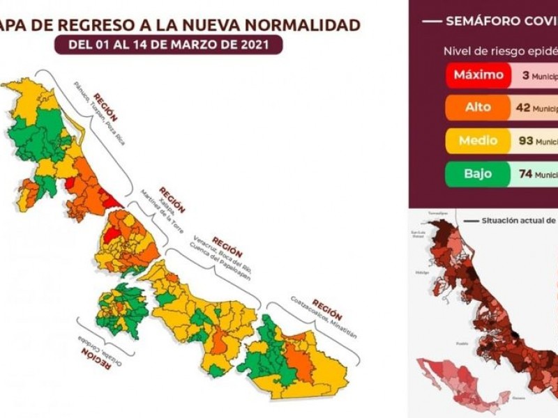 Veracruz tiene solo 3 municipios en color rojo
