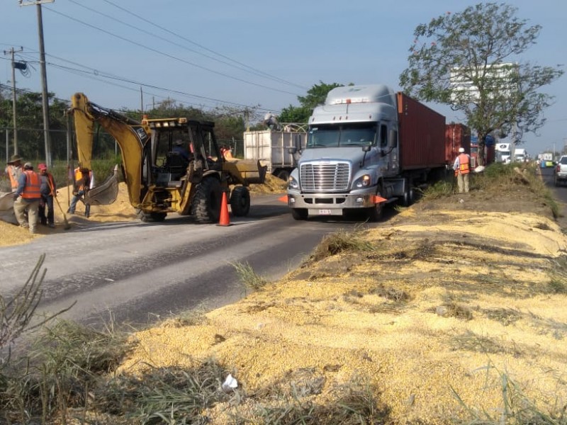 Vuelca trailer con maíz en la carretera Xalapa-Veracruz