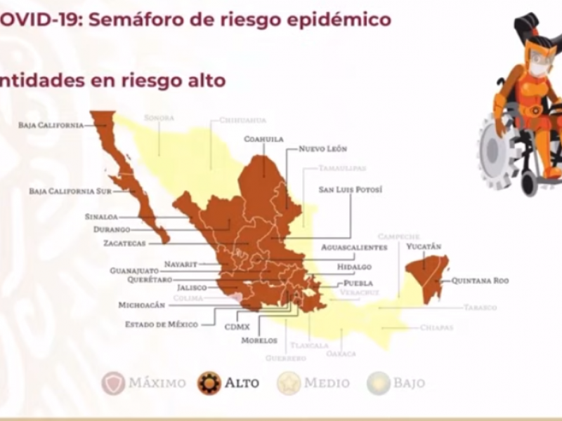 Zacatecas en semáforo naranja, nivel alto de riesgo en contagios