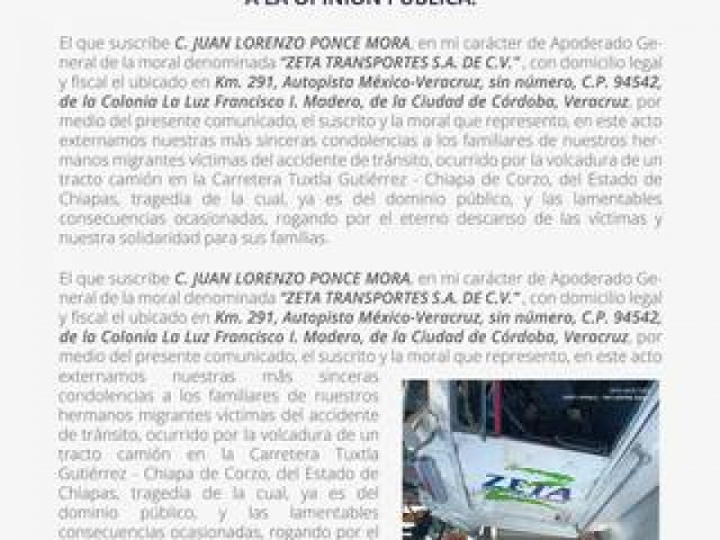 Zeta transportes se deslinda de accidente de migrantes en Chiapas