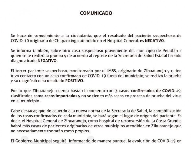 Zihuatanejo registra el tercer caso positivo de Covid-19