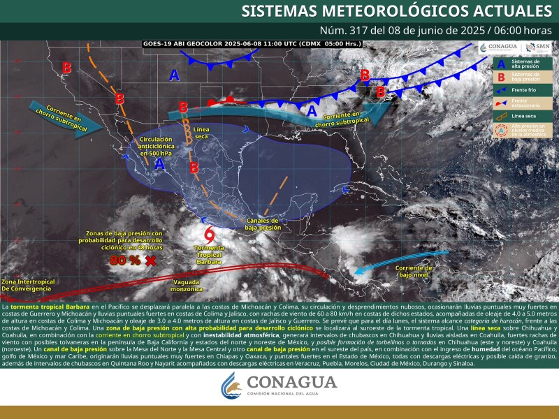 Zona de baja presión en Guerrero y Michoacán, deja lluvias en Oaxaca